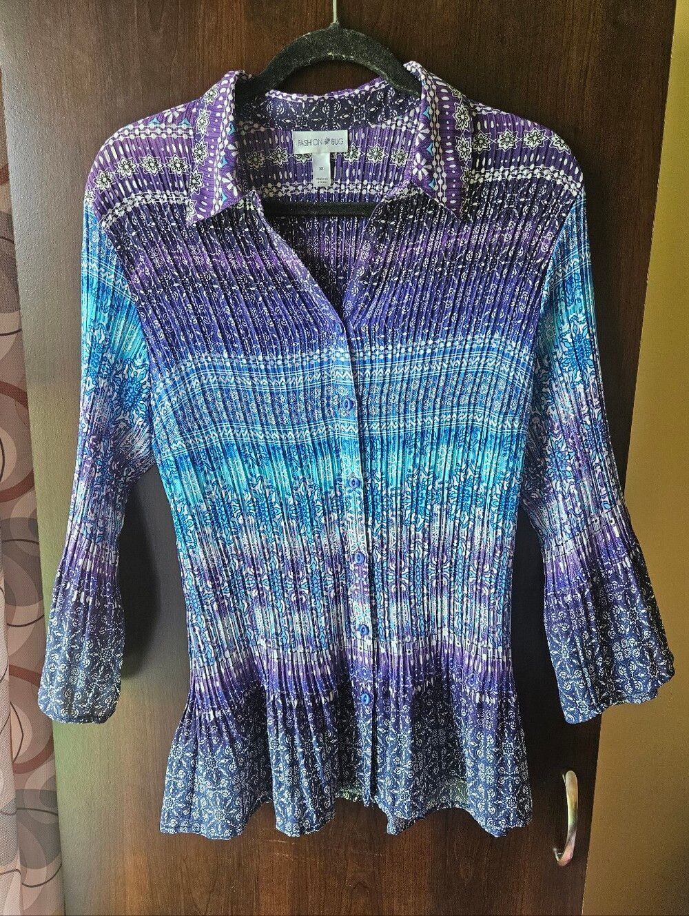 Fashion Bug Blue and Purple Patterned Button-Front Blouse Size XL